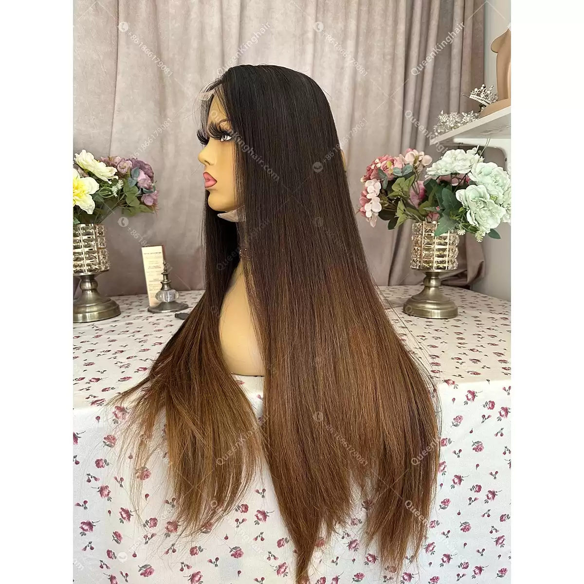 Ombré brunette color 13x6 double drawn virgin hair transparent lace natural color roots with brown ends straight