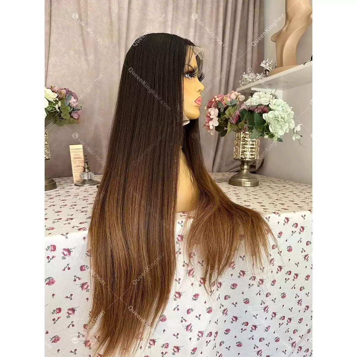 Ombré brunette color 13x6 double drawn virgin hair transparent lace natural color roots with brown ends straight