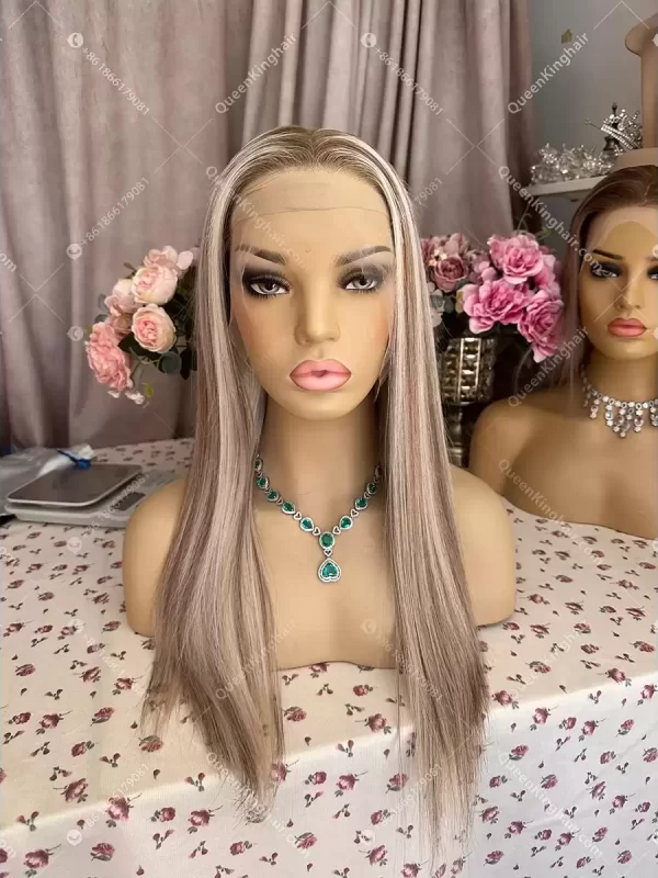 18 inches double drawn virgin hair Hd lace wig 250% density all handmade full lace wig white blonde with light brown highlights