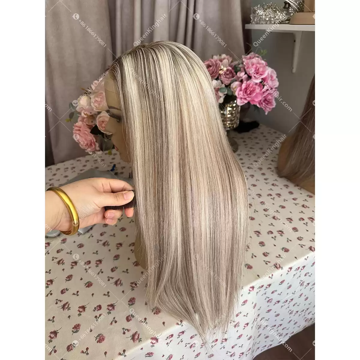 18 inches double drawn virgin hair Hd lace wig 250% density all handmade full lace wig white blonde with light brown highlights