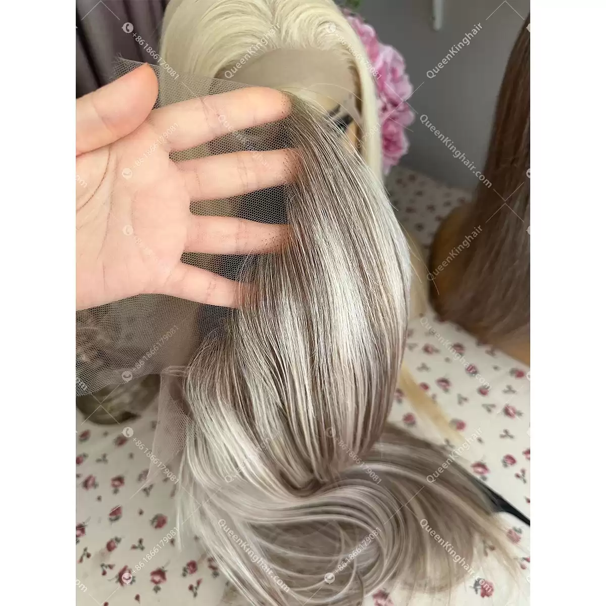 18 inches double drawn virgin hair Hd lace wig 250% density all handmade full lace wig white blonde with light brown highlights