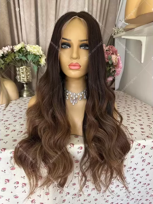 Ombré brunette color 13x6 double drawn virgin hair transparent lace natural color roots with brown ends