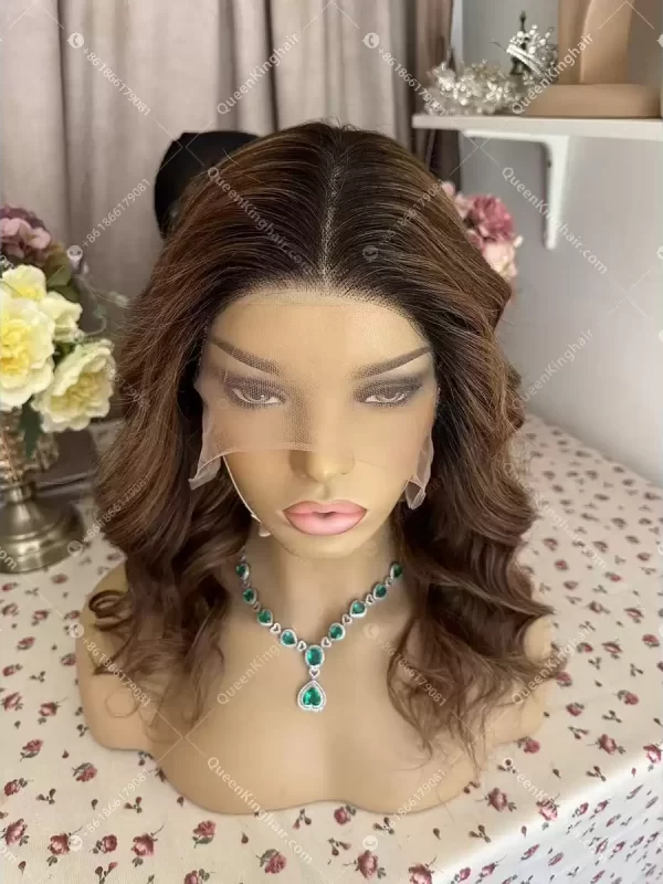 14 inches glueless all handmade wig with ear tabs transparent lace 130% density ombré honey blonde balayage natural color roots
