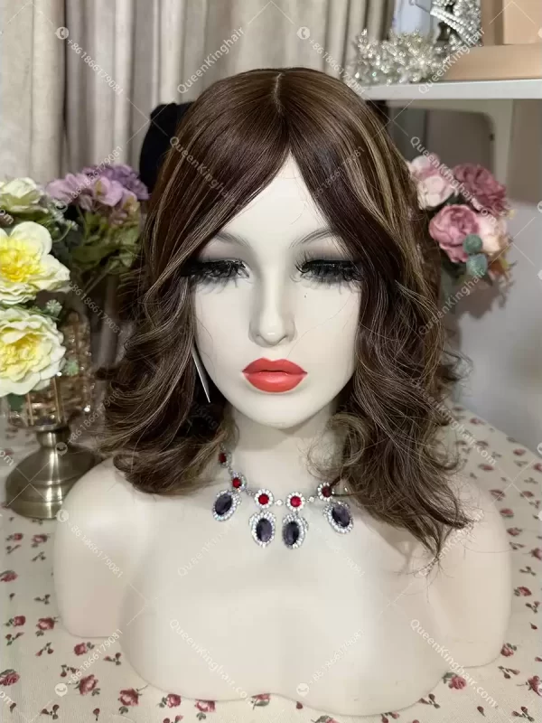 1716434770-05 14 inches double drawn virgin hair all handmade Jewish wig brunette color ombré dark brown and blonde highlights