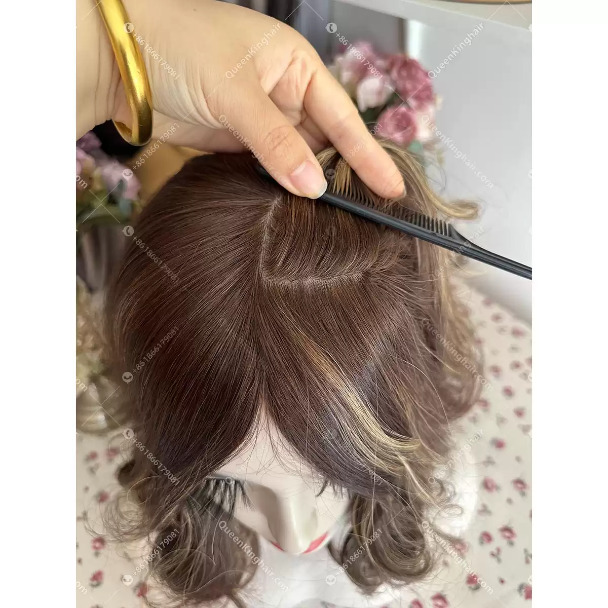 14 inches double drawn virgin hair all handmade Jewish wig brunette color ombré dark brown and blonde highlights
