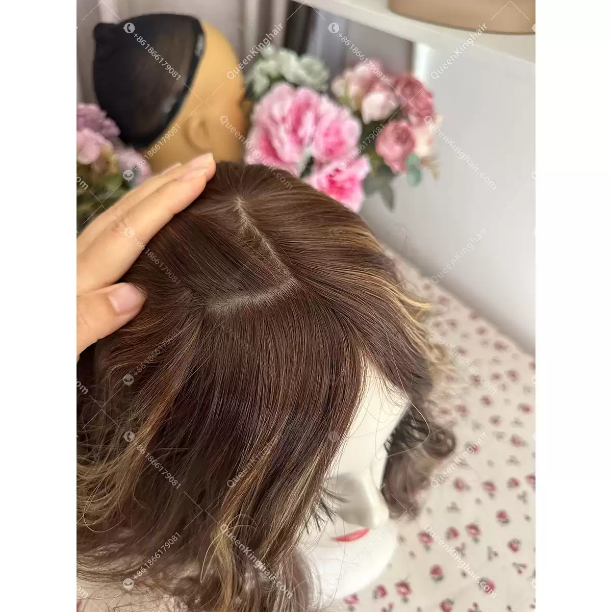 14 inches double drawn virgin hair all handmade Jewish wig brunette color ombré dark brown and blonde highlights