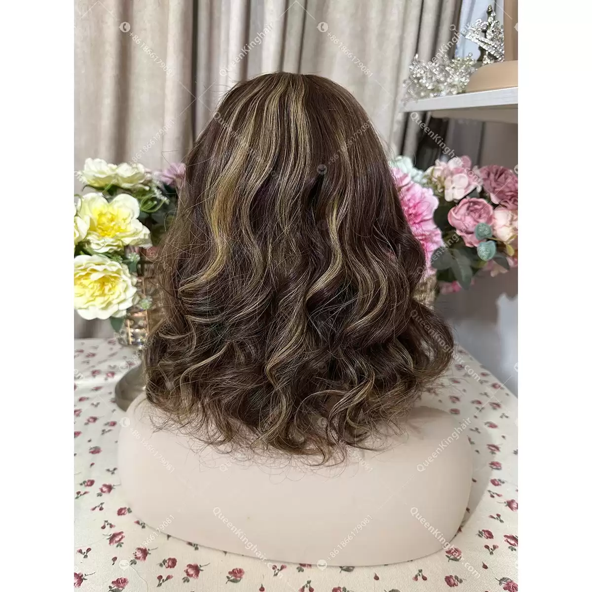 14 inches double drawn virgin hair all handmade Jewish wig brunette color ombré dark brown and blonde highlights