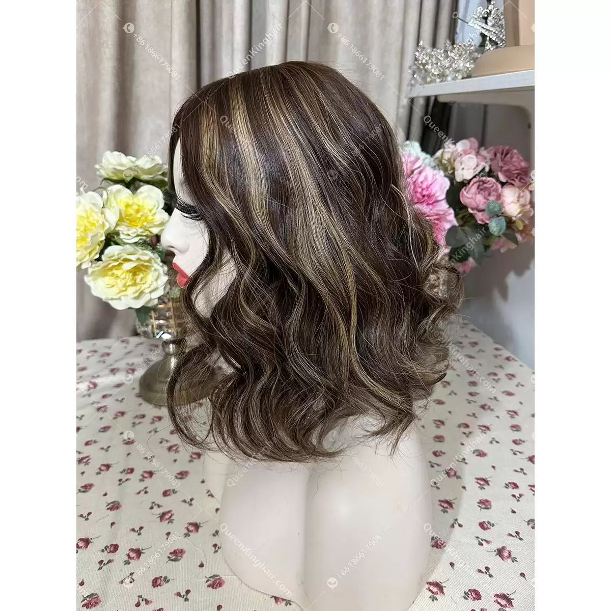 14 inches double drawn virgin hair all handmade Jewish wig brunette color ombré dark brown and blonde highlights
