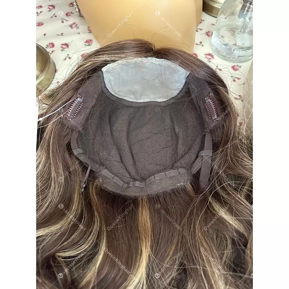 14 inches double drawn virgin hair all handmade Jewish wig brunette color ombré dark brown and blonde highlights