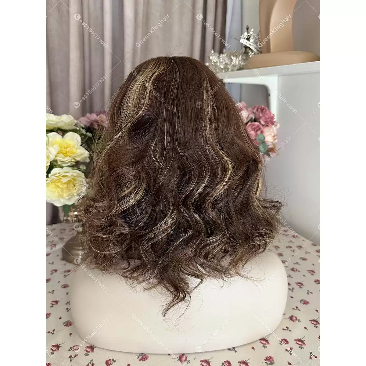 14 inches double drawn virgin hair all handmade Jewish wig brunette color ombré dark brown and blonde highlights