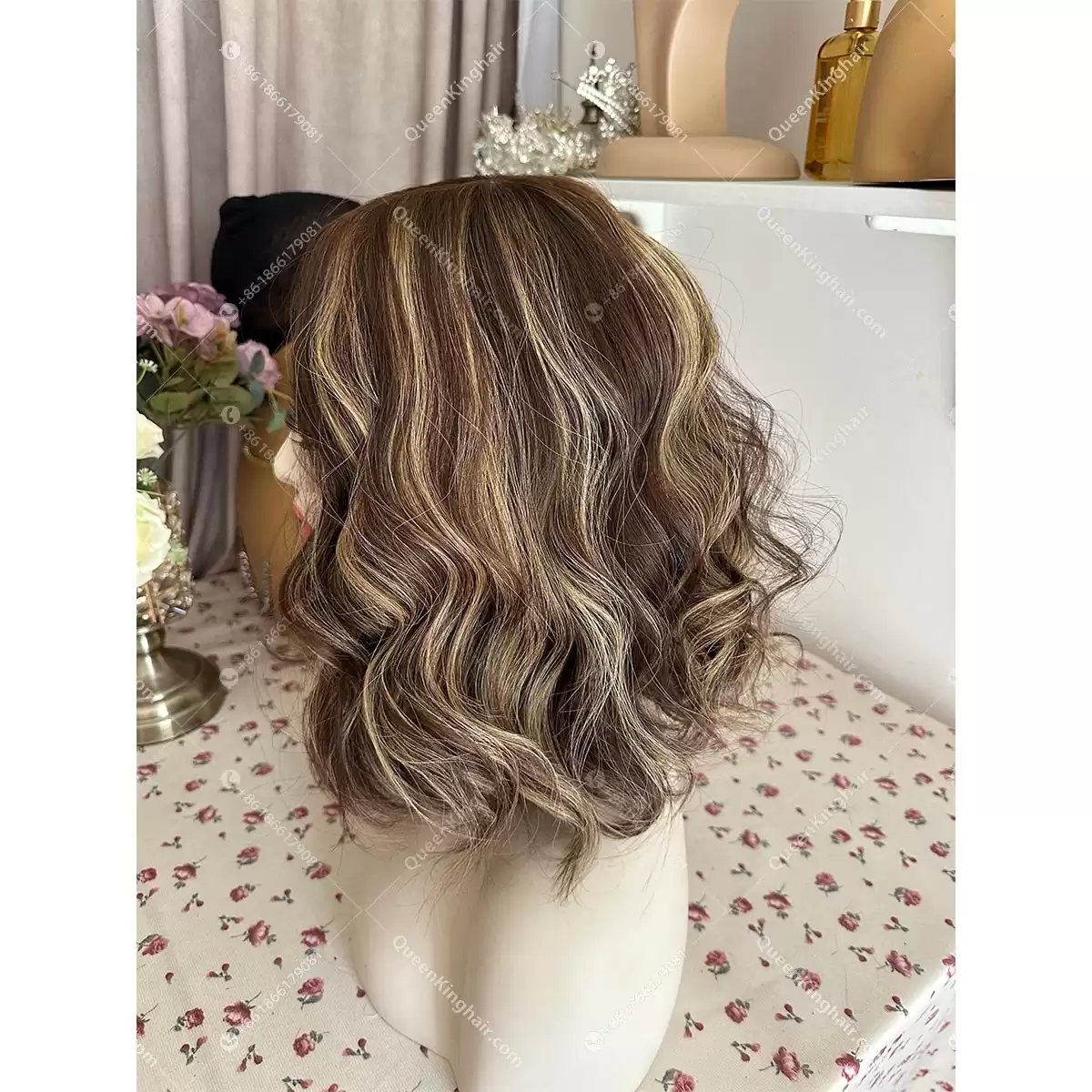 14 inches double drawn virgin hair all handmade Jewish wig brunette color ombré dark brown and blonde highlights