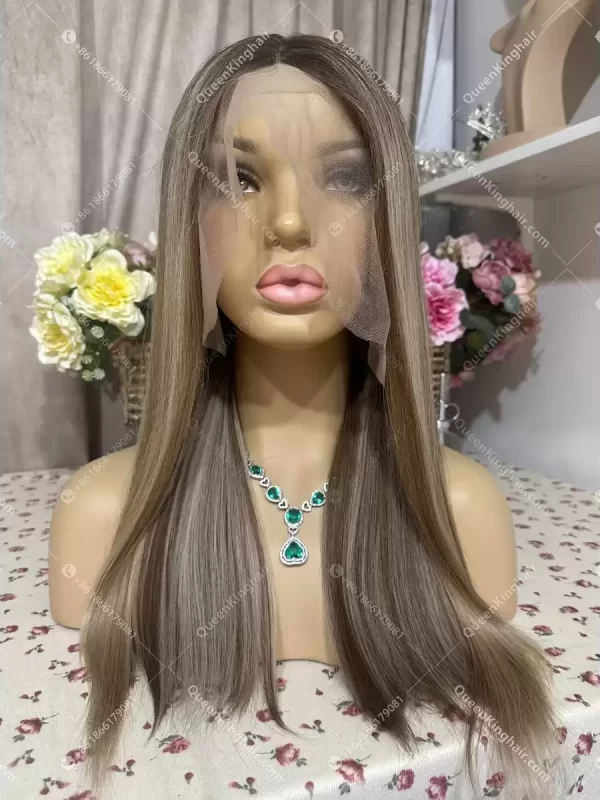 Double drawn virgin hair lace front wig 13x6 no short hair mixed ombré ashy brown roots with blonde and ashy brown balayage