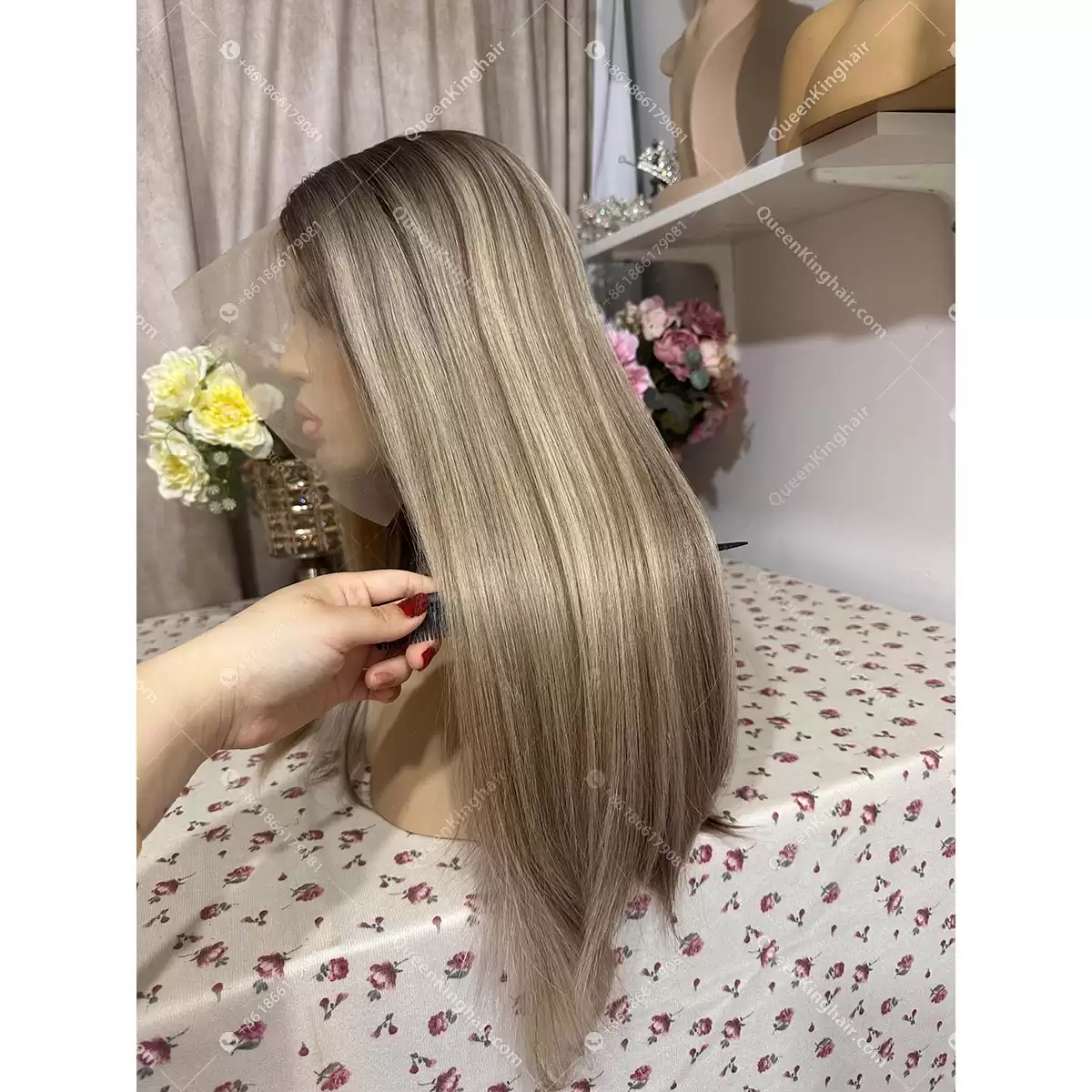 Double drawn virgin hair lace front wig 13x6 no short hair mixed ombré ashy brown roots with blonde and ashy brown balayage