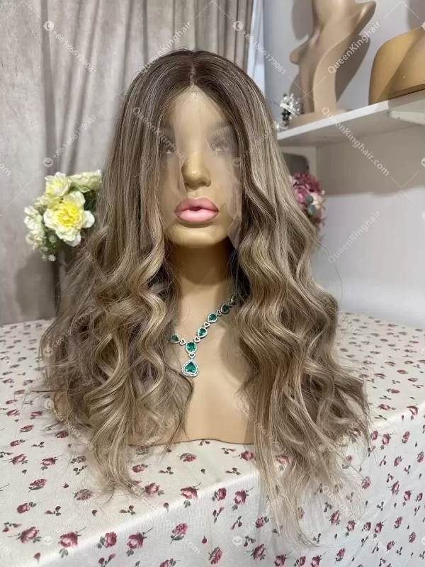 Double drawn virgin hair lace front wig 13x6 no short hair mixed ombré ashy brown roots with blonde and ashy brown balayage