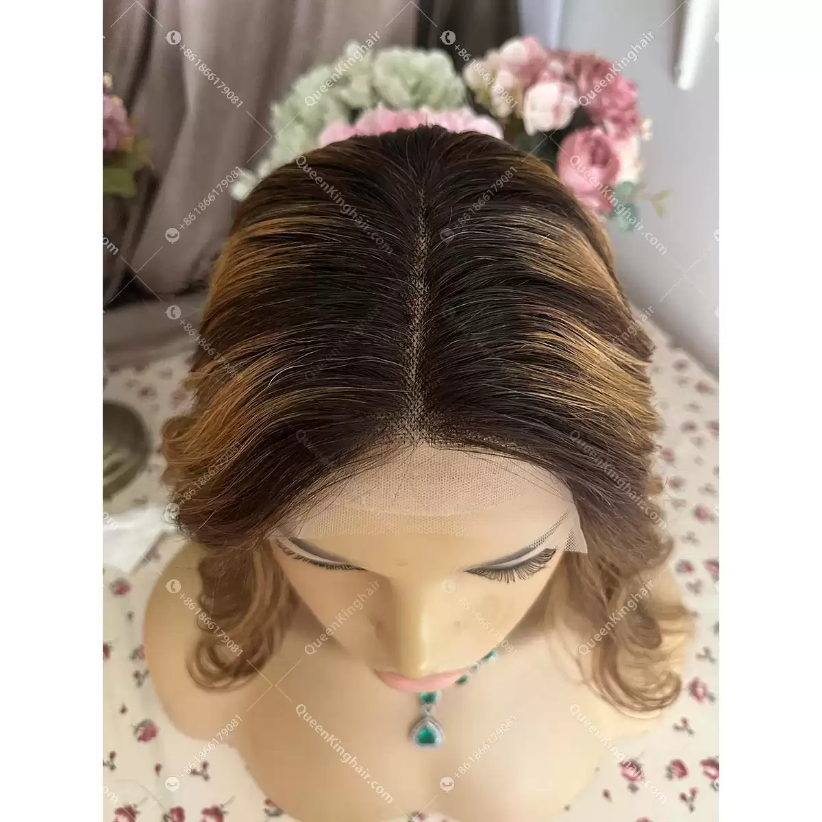 14 inches 5x5 150% density ombré balayage dark brown with honey blonde and natural color roots transparent lace