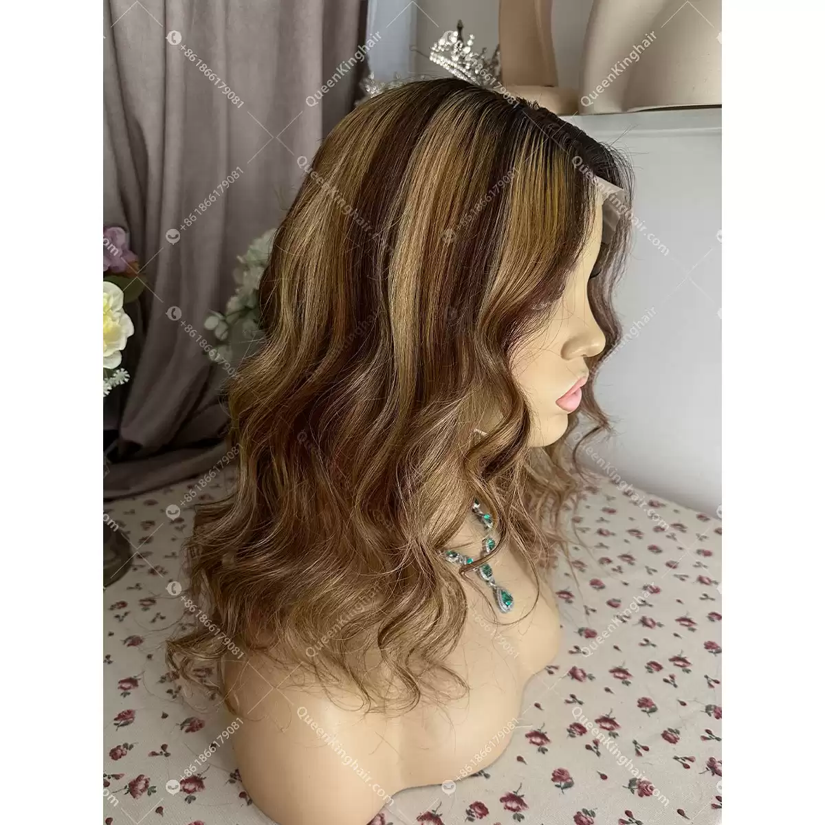 14 inches 5x5 150% density ombré balayage dark brown with honey blonde and natural color roots transparent lace