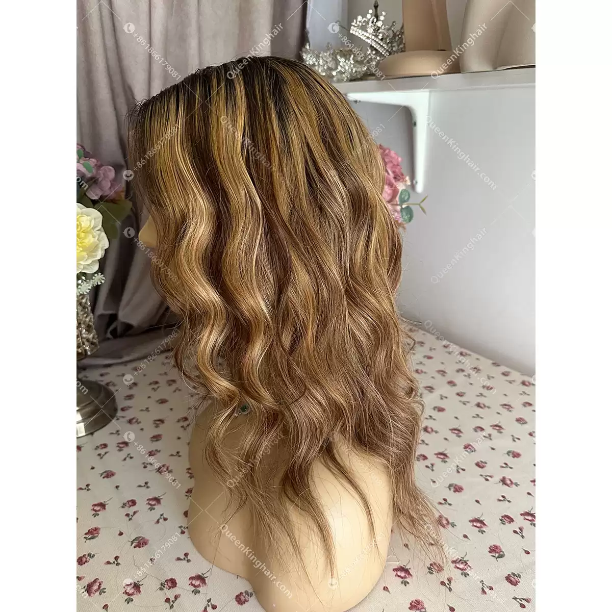 14 inches 5x5 150% density ombré balayage dark brown with honey blonde and natural color roots transparent lace