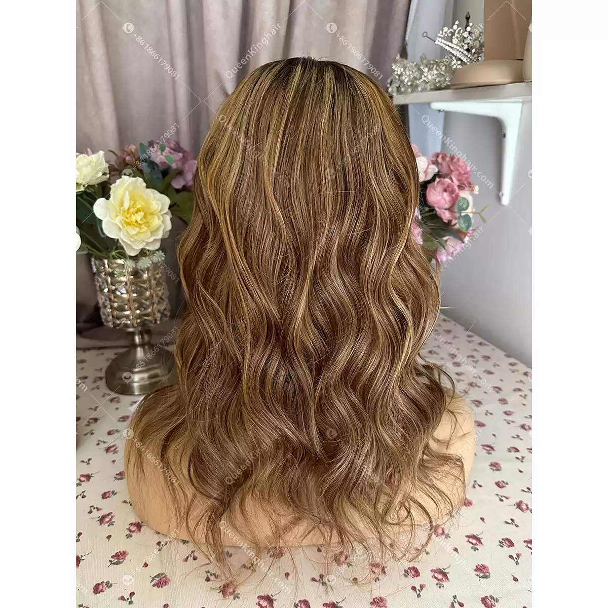 14 inches 5x5 150% density ombré balayage dark brown with honey blonde and natural color roots transparent lace