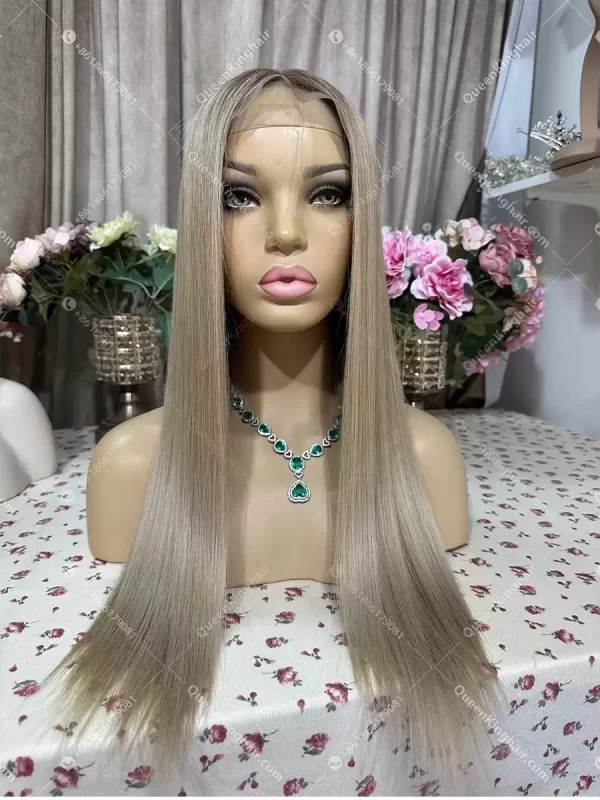 Double drawn virgin hair lace front wig 13x6 no short hair mixed ombré ashy brown roots with blonde and ashy brown balayage