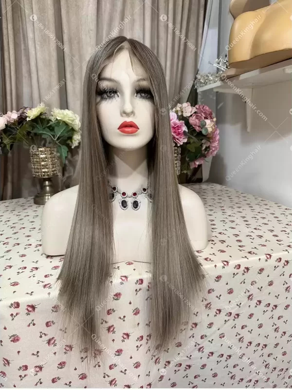 Double drawn virgin hair lace front wig 13x6 no short hair mixed ombré ashy brown roots with blonde and ashy brown balayage