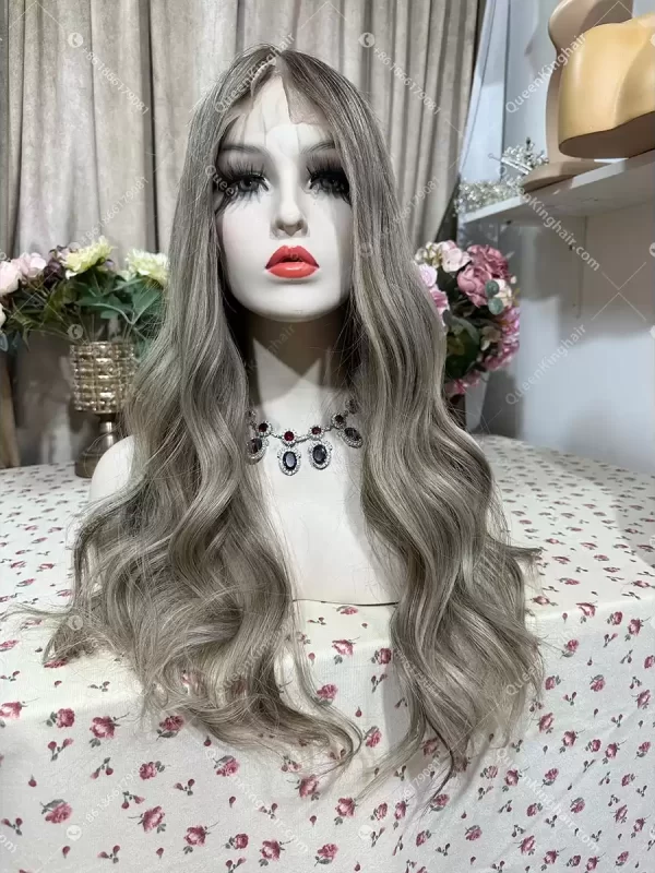 Double drawn virgin hair lace front wig 13x6 no short hair mixed ombré ashy brown roots with blonde and ashy brown balayage