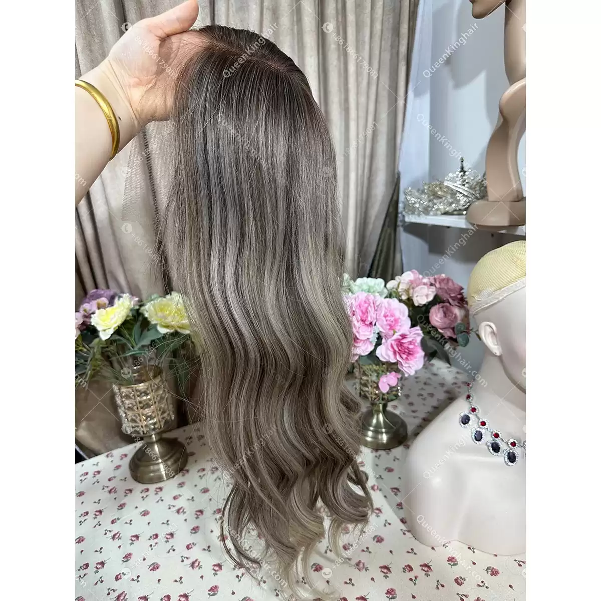 Double drawn virgin hair lace front wig 13x6 no short hair mixed ombré ashy brown roots with blonde and ashy brown balayage