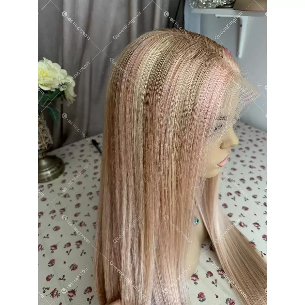 30 inches 13x6 transparent lace 250% density baby pink blonde and light brown balayage with brown roots