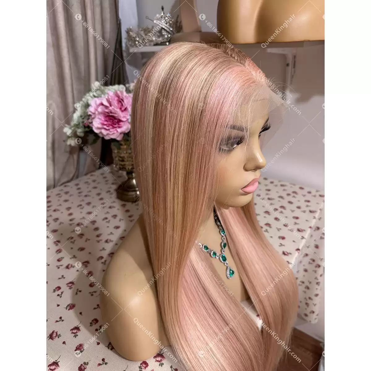 30 inches 13x6 transparent lace 250% density baby pink blonde and light brown balayage with brown roots