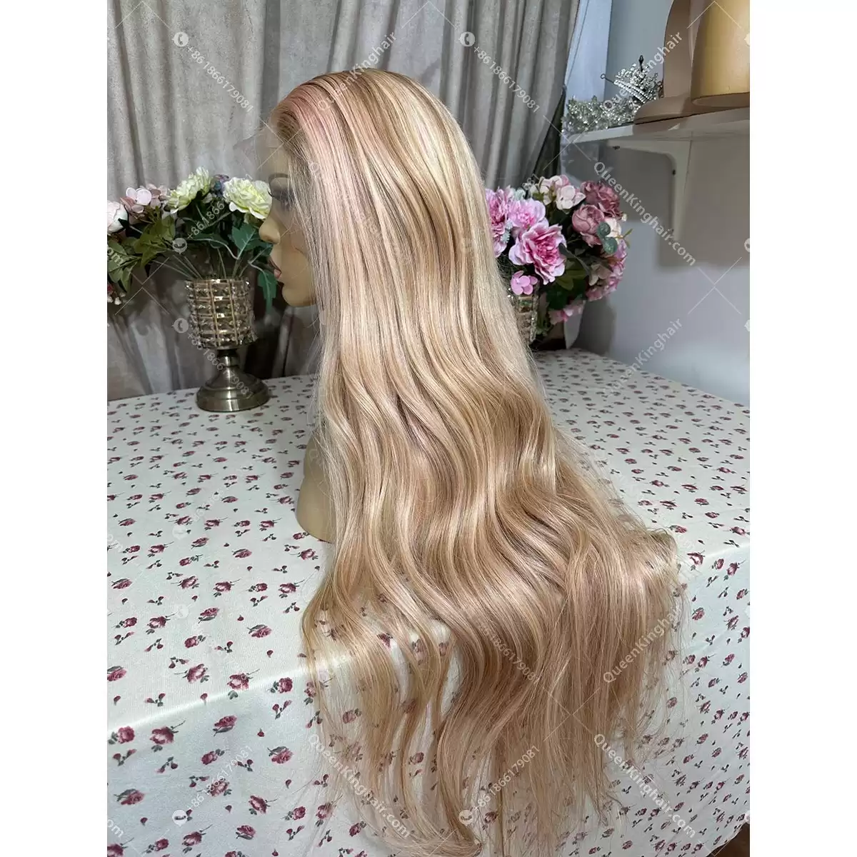 30 inches 13x6 transparent lace 250% density baby pink blonde and light brown balayage with brown roots