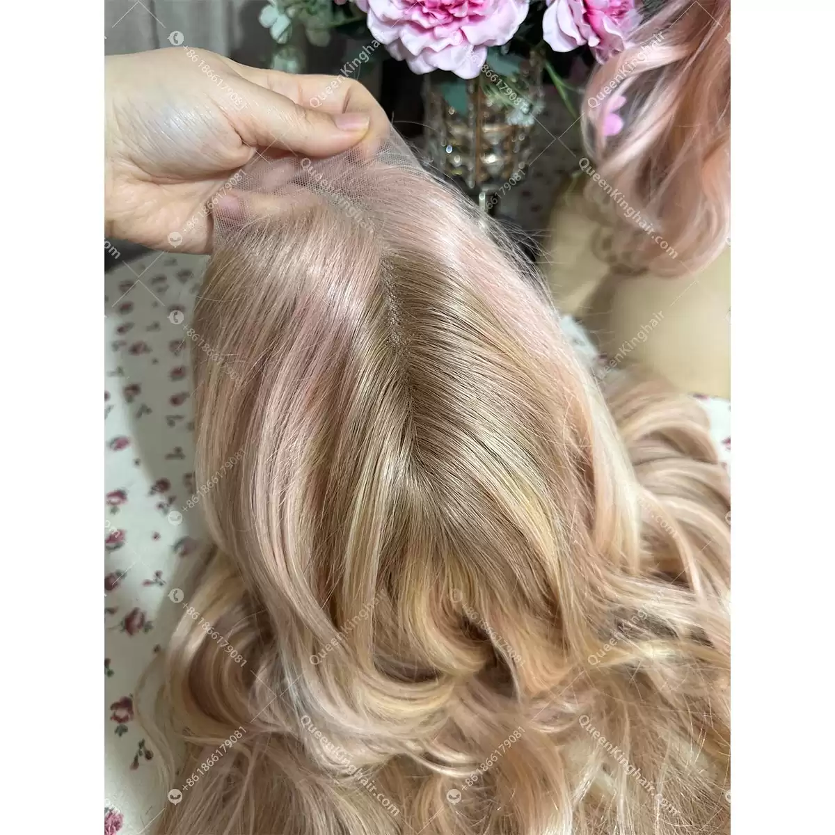 30 inches 13x6 transparent lace 250% density baby pink blonde and light brown balayage with brown roots