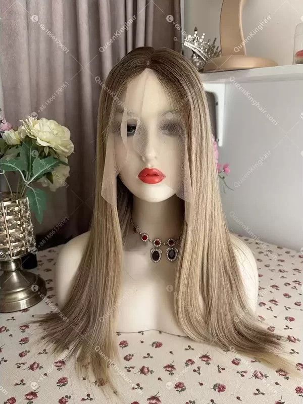 Double drawn virgin hair lace front wig 13x6 no short hair mixed ombré ashy brown roots with blonde and ashy brown balayage