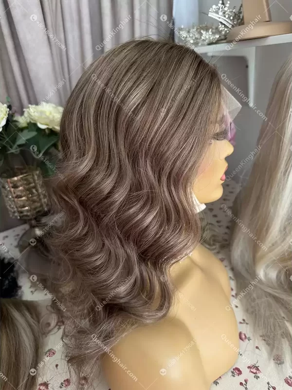 14inches full lace wig transparent lace 130% density Luna ashy brown with rose gold balayage