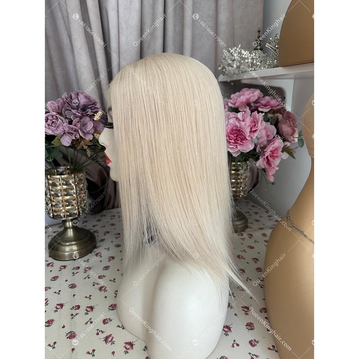 Medical wig double drawn virgin hair white blonde all handmade pu in hairline Ear tab and nape