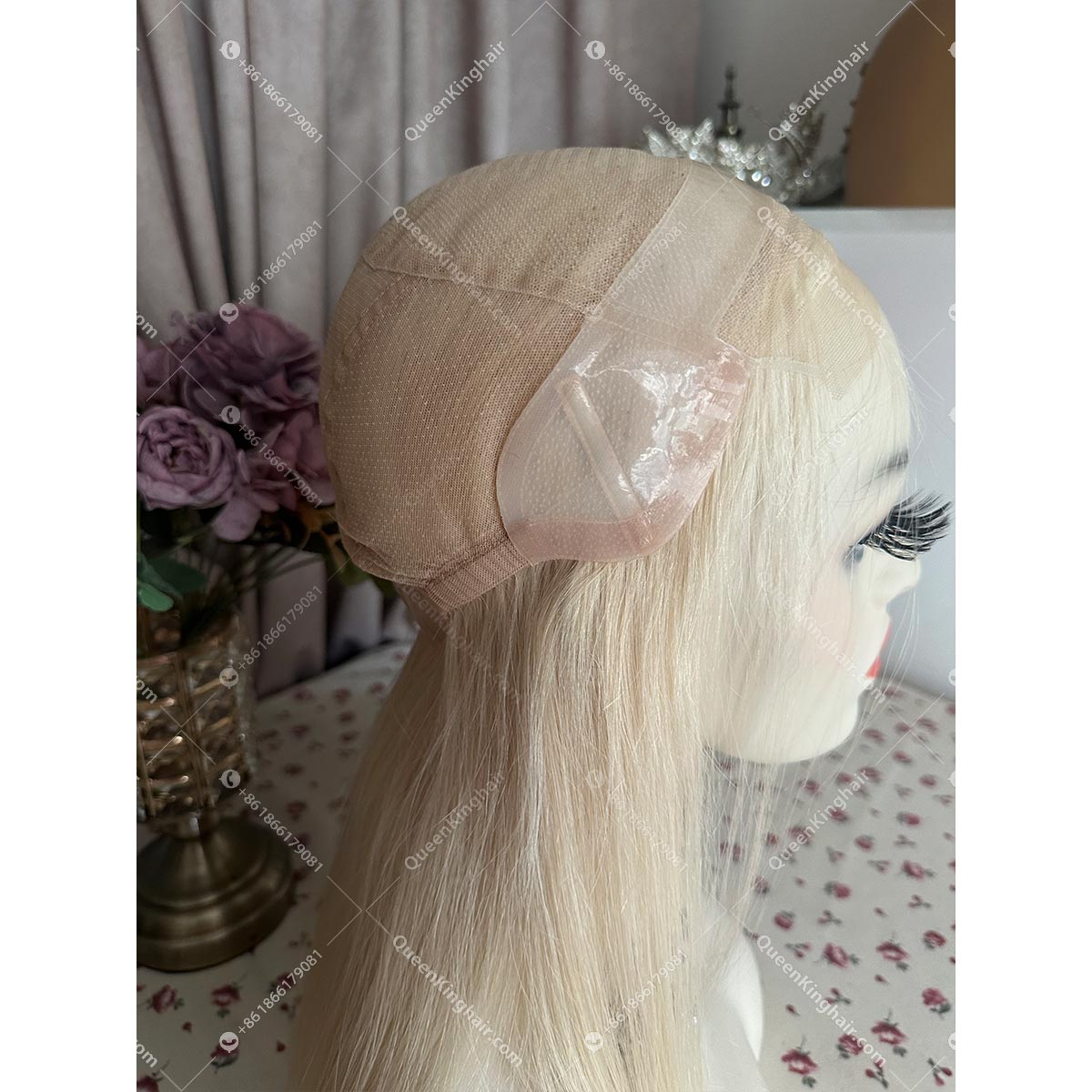 Medical wig double drawn virgin hair white blonde all handmade pu in hairline Ear tab and nape