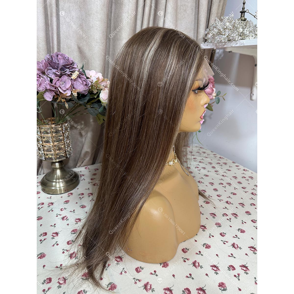 Brunnet Color Dark Brown Base Color with Blonde lowlight 16" all handmade with 4x4 silk base with ear tab glueless wig