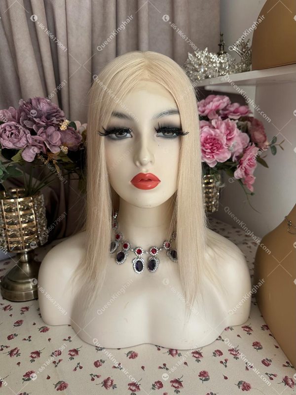 Medical wig double drawn virgin hair white blonde all handmade pu in hairline Ear tab and nape