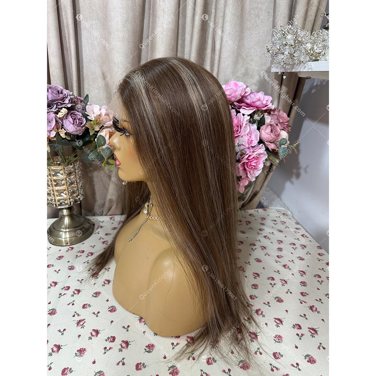 Brunnet Color Dark Brown Base Color with Blonde lowlight 16" all handmade with 4x4 silk base with ear tab glueless wig