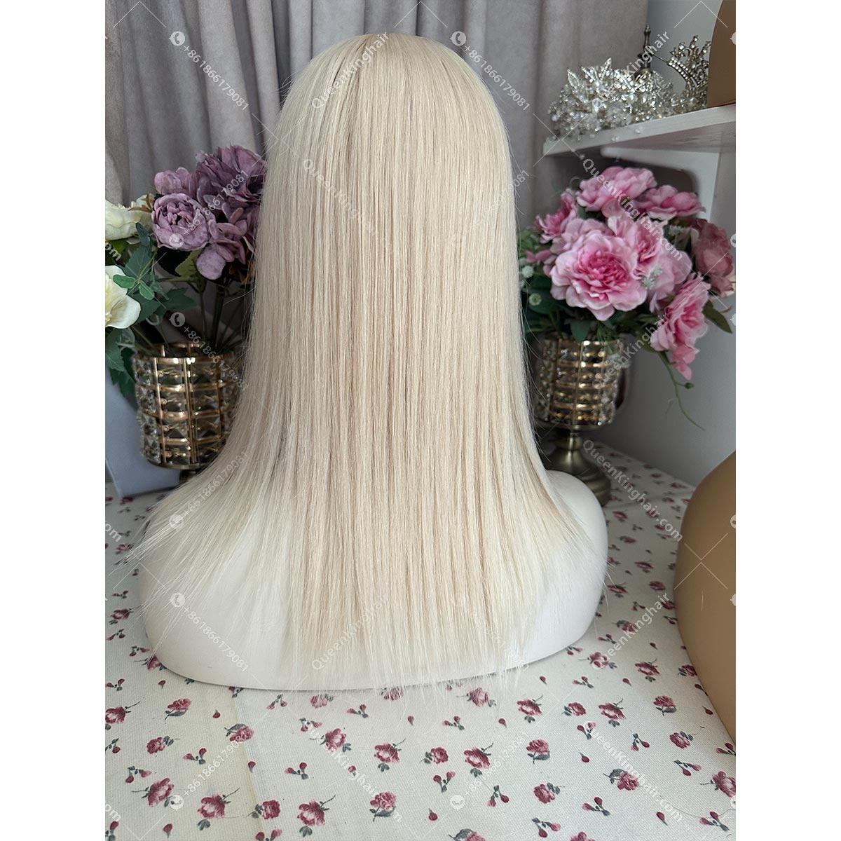Medical wig double drawn virgin hair white blonde all handmade pu in hairline Ear tab and nape