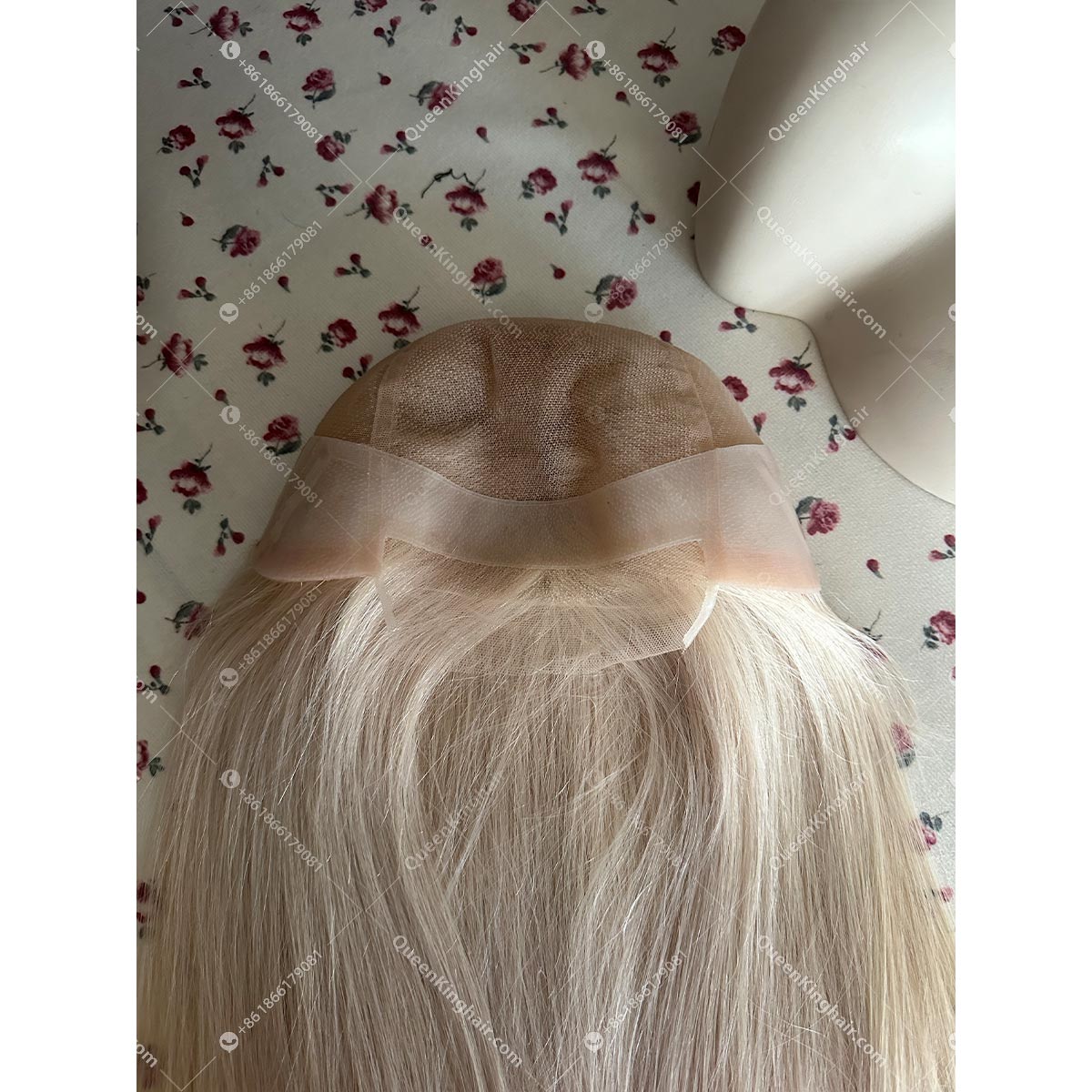 Medical wig double drawn virgin hair white blonde all handmade pu in hairline Ear tab and nape
