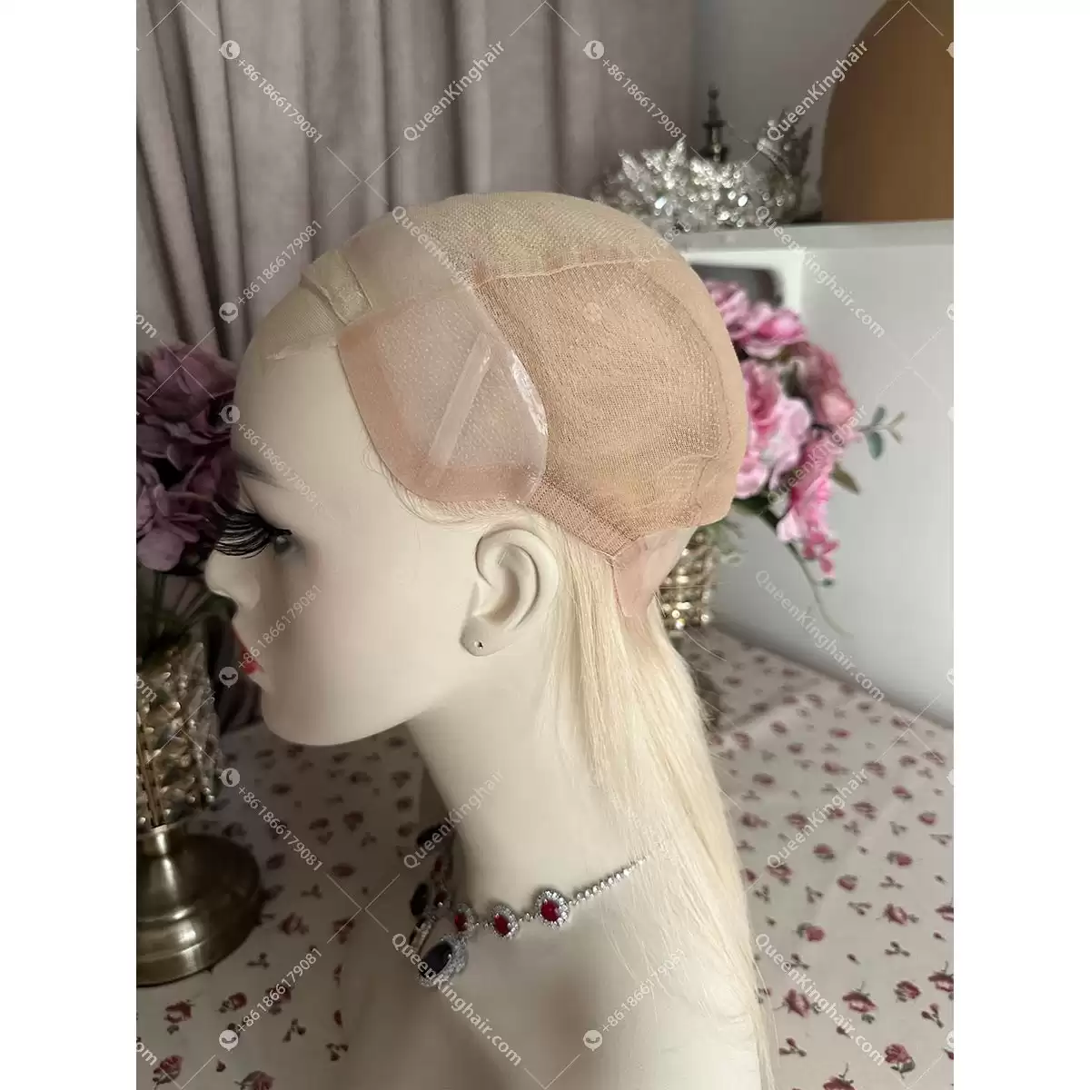Medical wig double drawn virgin hair white blonde all handmade pu in hairline Ear tab and nape