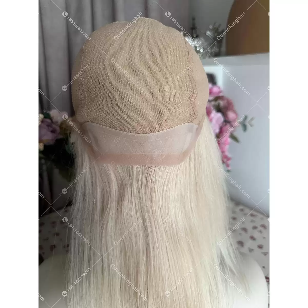 Medical wig double drawn virgin hair white blonde all handmade pu in hairline Ear tab and nape