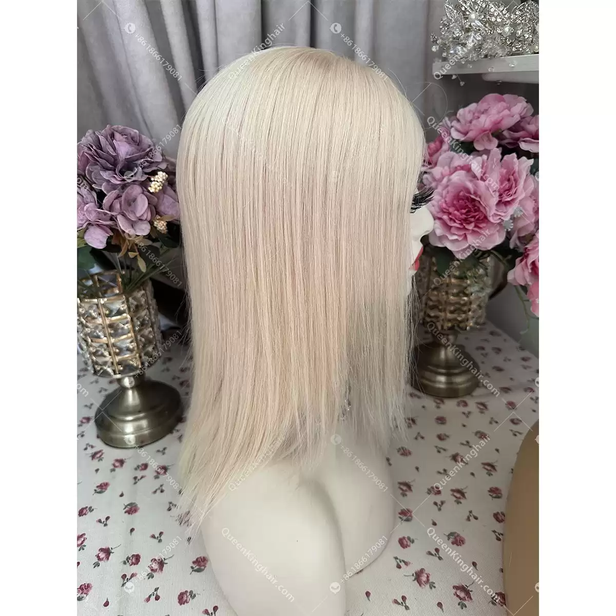 Medical wig double drawn virgin hair white blonde all handmade pu in hairline Ear tab and nape