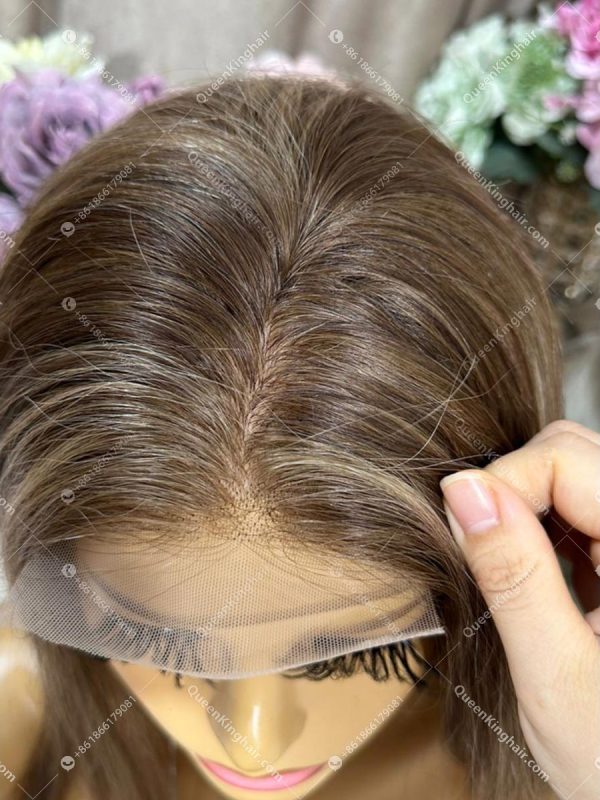 Brunnet Color Dark Brown Base Color with Blonde lowlight 16" all handmade with 4x4 silk base with ear tab glueless wig