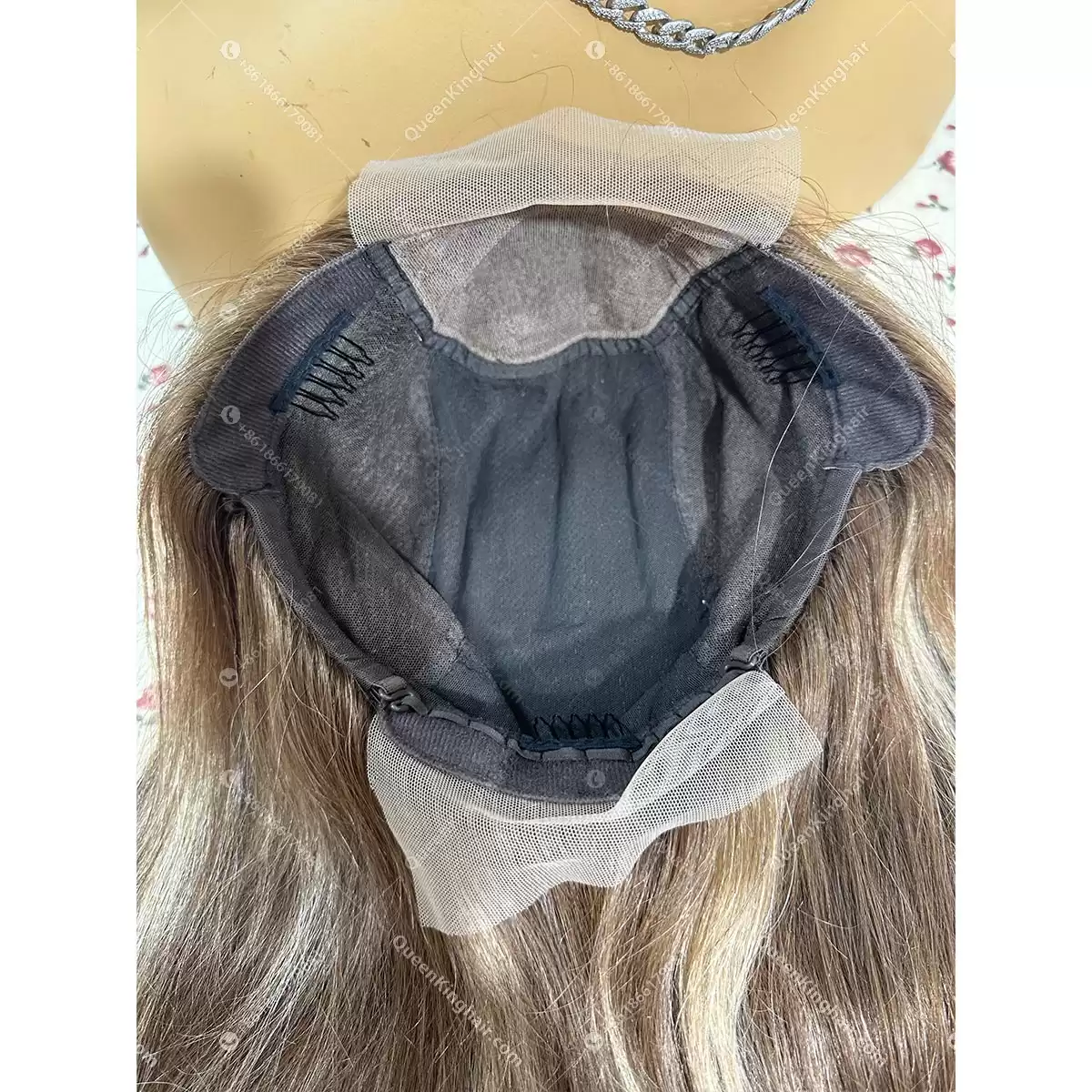 Brunnet Color Dark Brown Base Color with Blonde lowlight 16" all handmade with 4x4 silk base with ear tab glueless wig