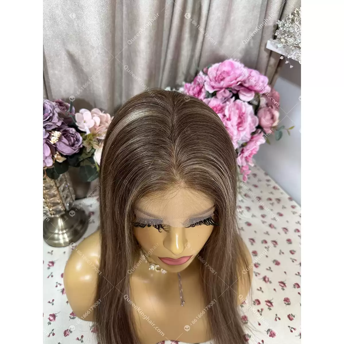 Brunnet Color Dark Brown Base Color with Blonde lowlight 16" all handmade with 4x4 silk base with ear tab glueless wig