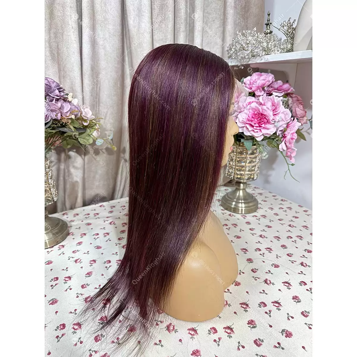 Burgundy and dark brown lowlight ombré balayage 13x6 transparent lace 150% density Straight