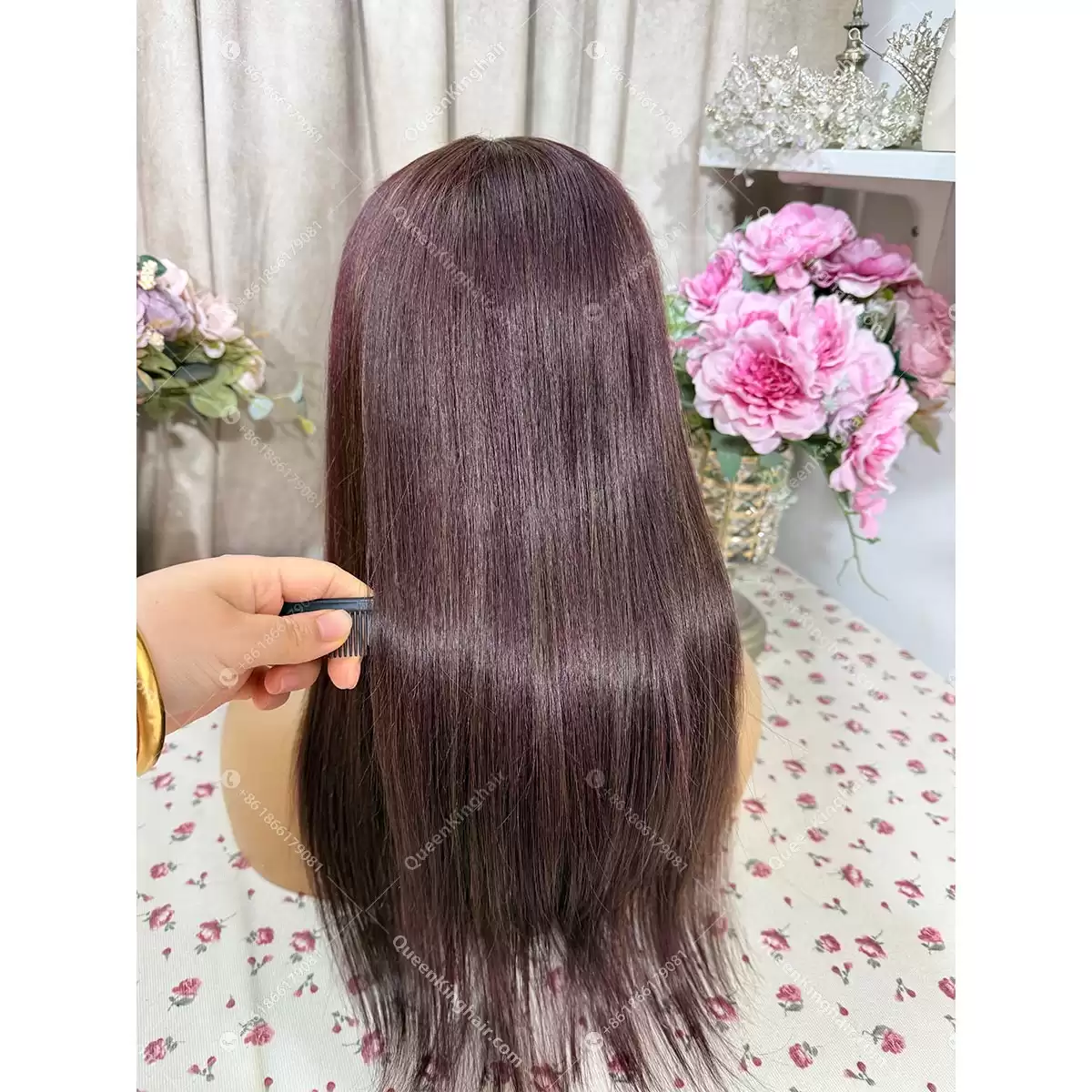 Burgundy and dark brown lowlight ombré balayage 13x6 transparent lace 150% density Straight