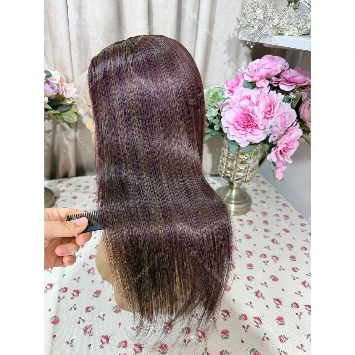 Burgundy and dark brown lowlight ombré balayage 13x6 transparent lace 150% density Straight