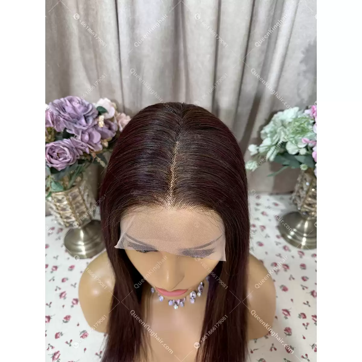 Burgundy and dark brown lowlight ombré balayage 13x6 transparent lace 150% density Straight