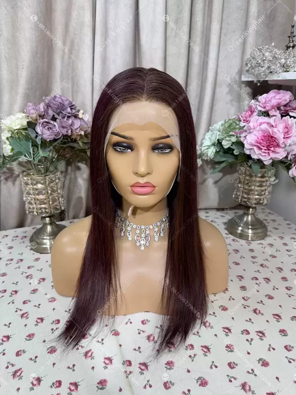 Burgundy and dark brown lowlight ombré balayage 13x6 transparent lace 150% density Straight
